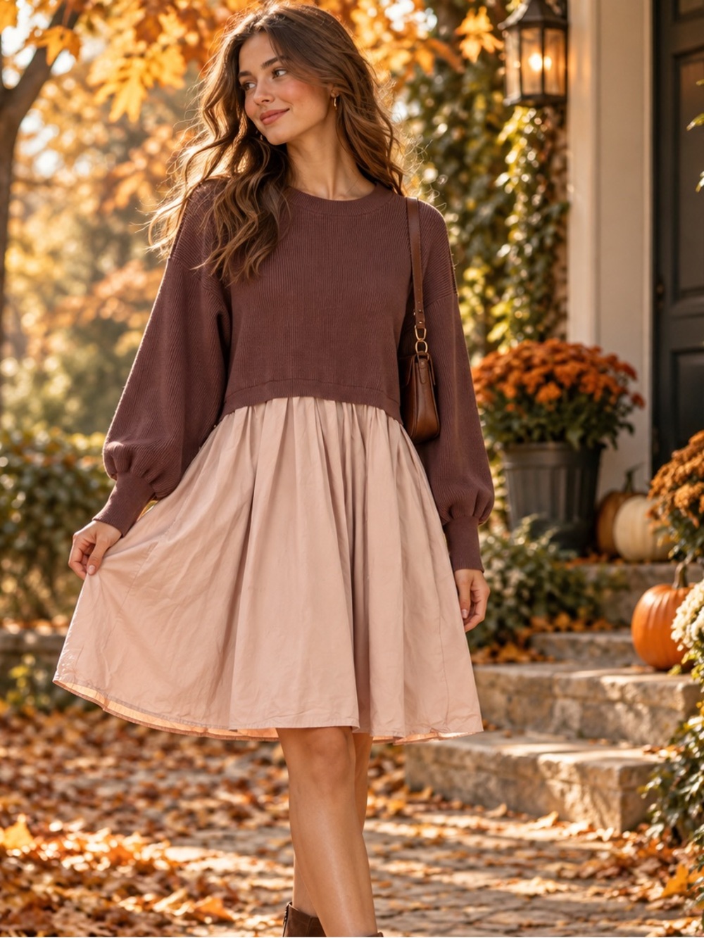 Brown Sweater Contrast Dress